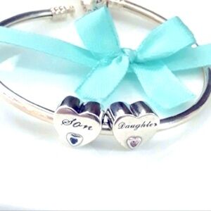 S925 STERLING SILVER "I LOVE MY SON & DAUGHTER" CHARM SET PANDORA COMPATIBLE